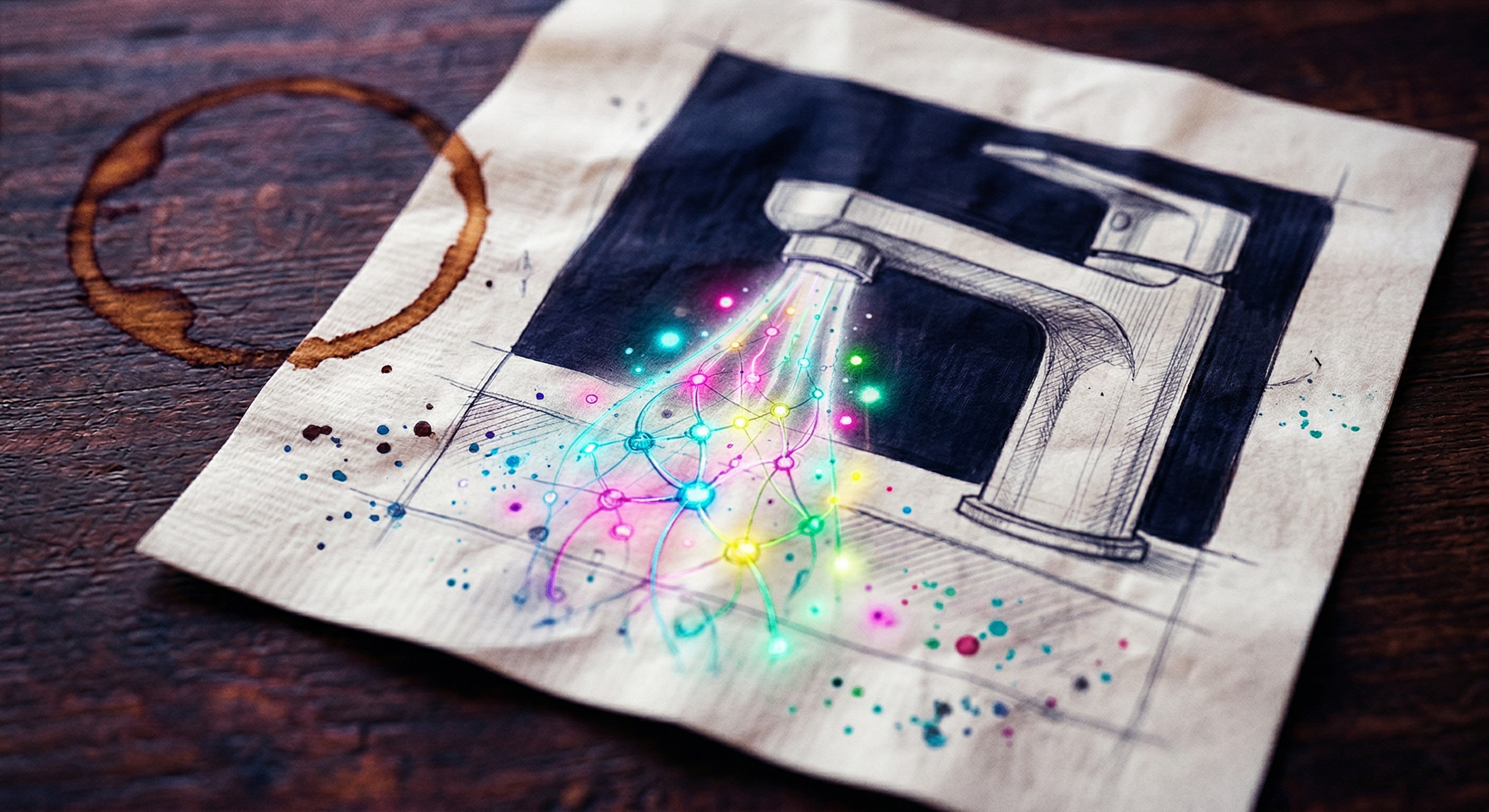 Napkin sketch of a faucet with glowing neural network particles flowing out — intelligence on demand, sketched over coffee.