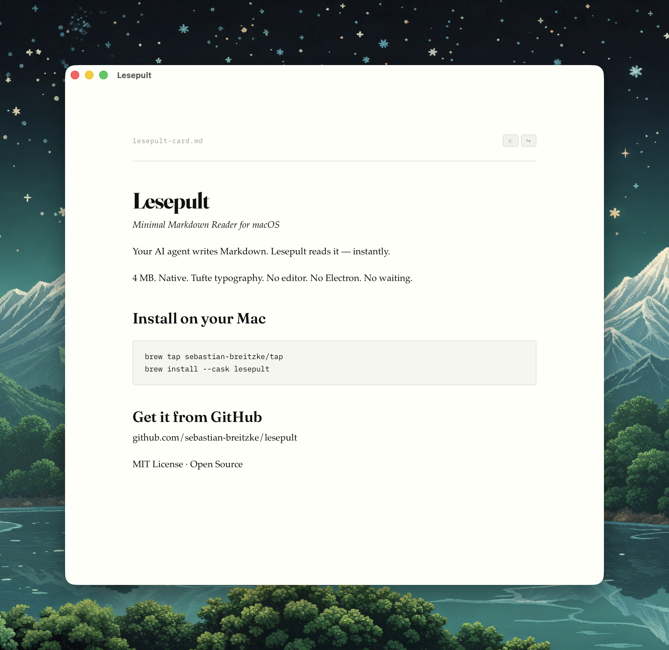 Lesepult app rendering its own product card — minimal Markdown reader for macOS with Tufte typography, showing install instructions and GitHub link