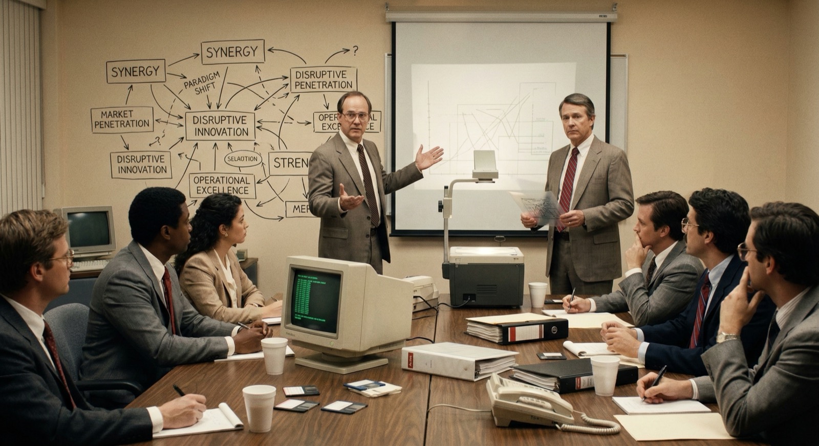 80s corporate boardroom with projector, chaotic strategy boxes, and the caption about management vibe coding.
