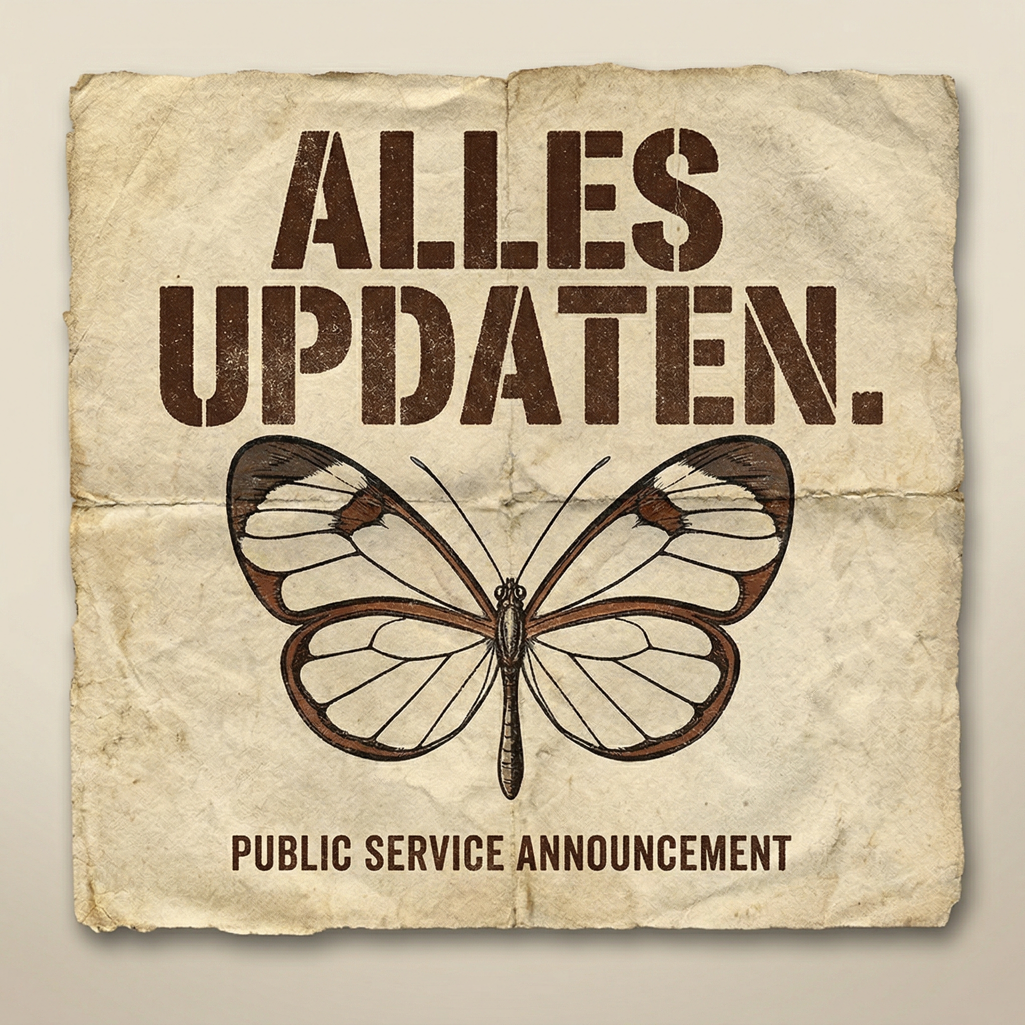 Vintage PSA poster with a glasswing butterfly and bold stencil text reading ALLES UPDATEN. on aged cream paper.