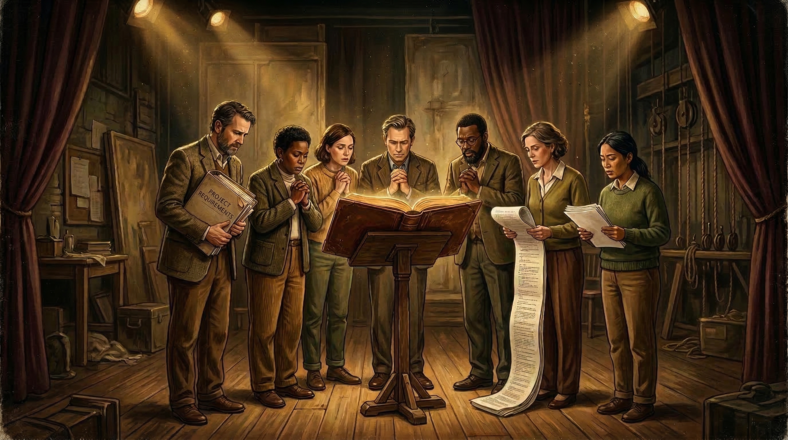 Spec-Theater artwork showing a group on a theater stage gathered in reverence around a glowing oversized book of specifications.
