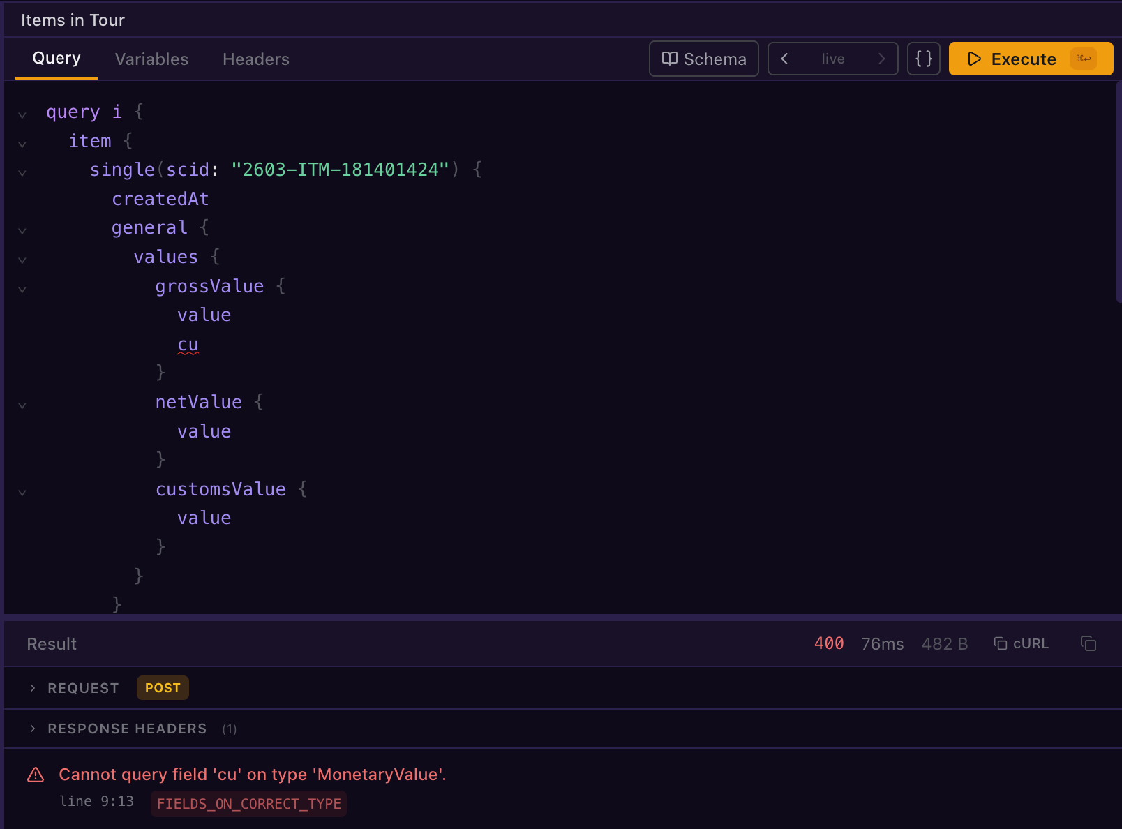 Result pane with debug info, response headers, and copy options