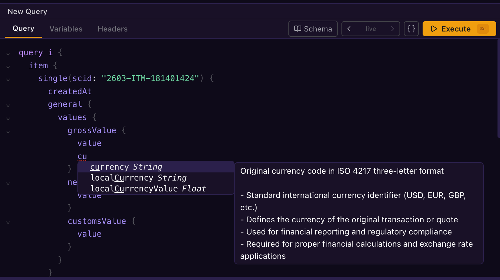 GraphQL query editor with syntax highlighting and result pane