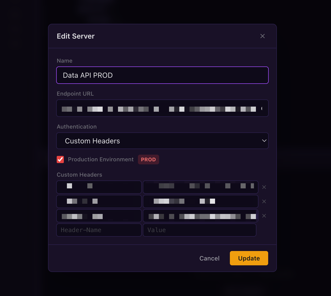 Server configuration dialog with auth options and production flag