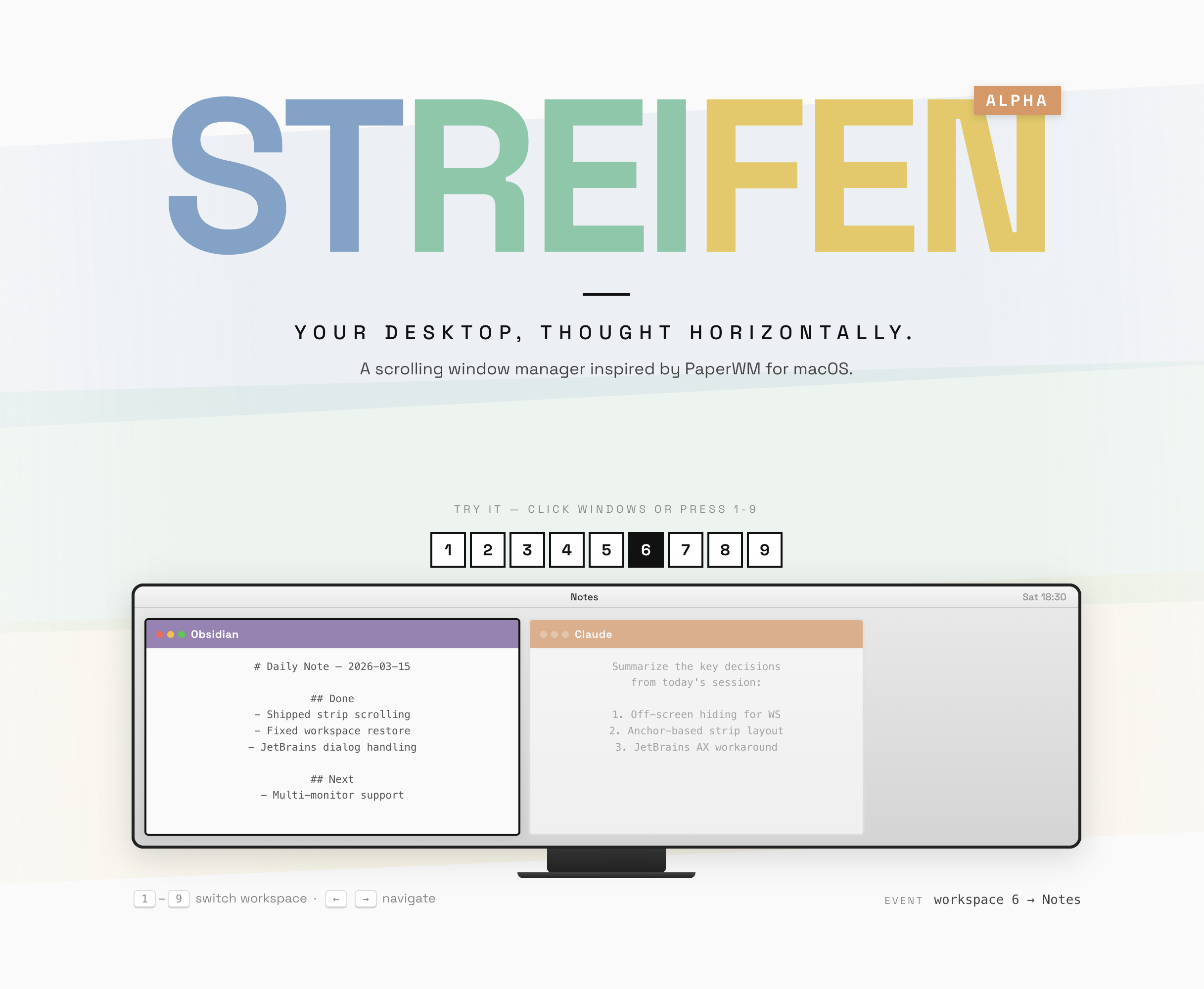 Streifen screenshot showing the wordmark, workspace selector, and a horizontal strip of windows on an ultrawide monitor.
